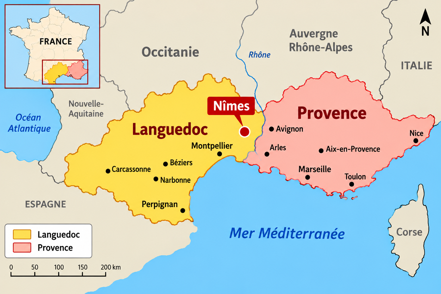 Carte illustrative du Languedoc et de la Provence, avec Nîmes mise en évidence